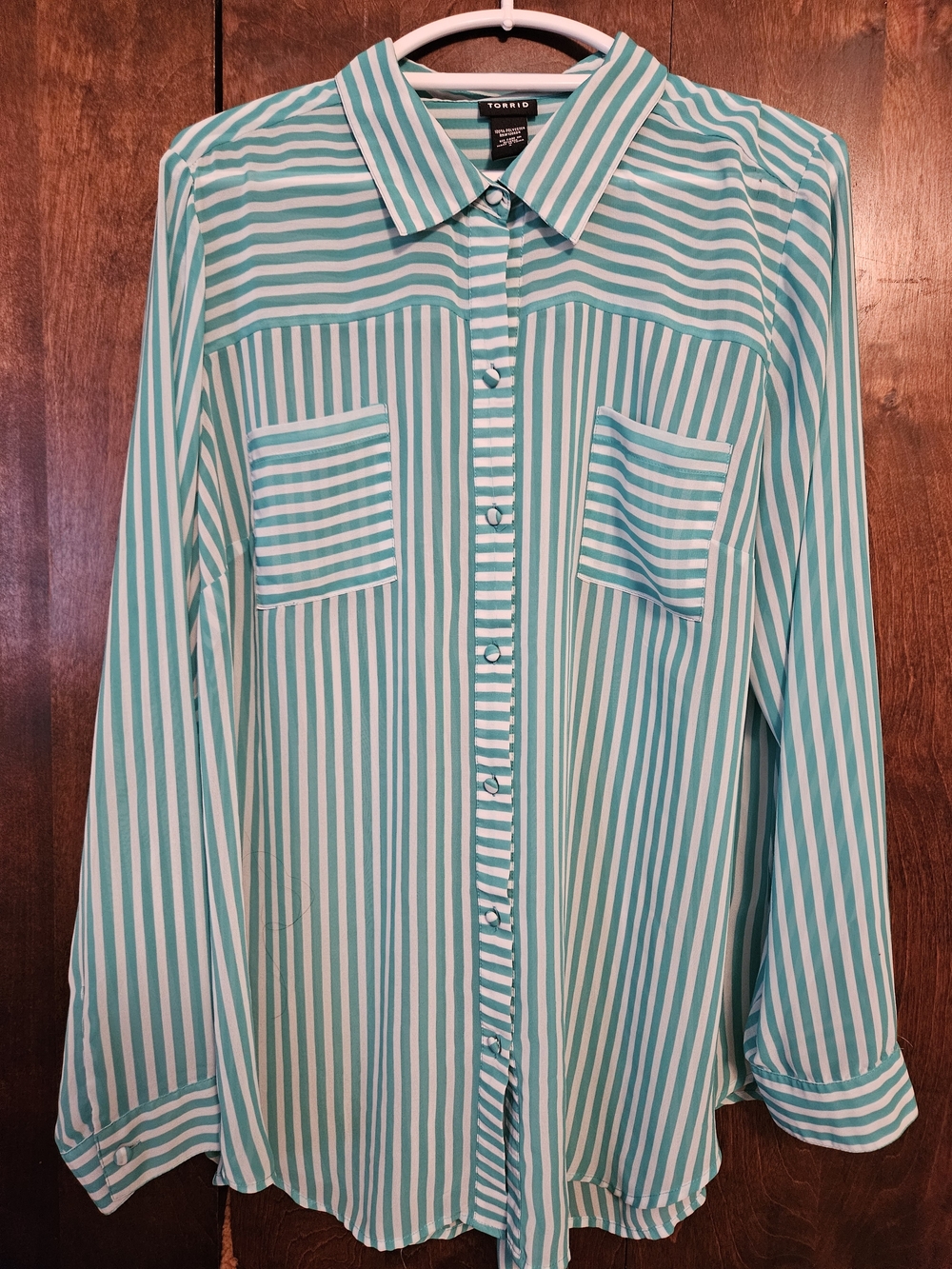 Torrid Teal and White Striped Button-Up Shirt